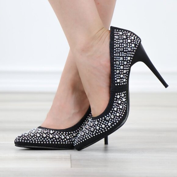 Sparkly Diamond Rhinestone Glitter  Black Pointy Toe Needle High Heel Stiletto - Picture 7 of 15